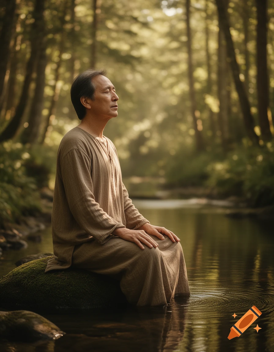 A man in simple robes sits meditating on a mossy rock in a tranquil sun-dappled forest stream.