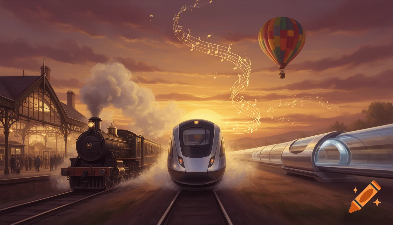 A semi-realistic painting showing a modern train, steam locomotive, and futuristic hyperloop at sunset, with a hot air balloon and musical notes.