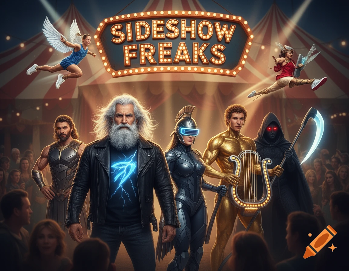 Modernized Greek/Roman gods as a sideshow troupe, with Zeus, a golden man, and a grim reaper, under a 'Sideshow Freaks' sign at a circus.