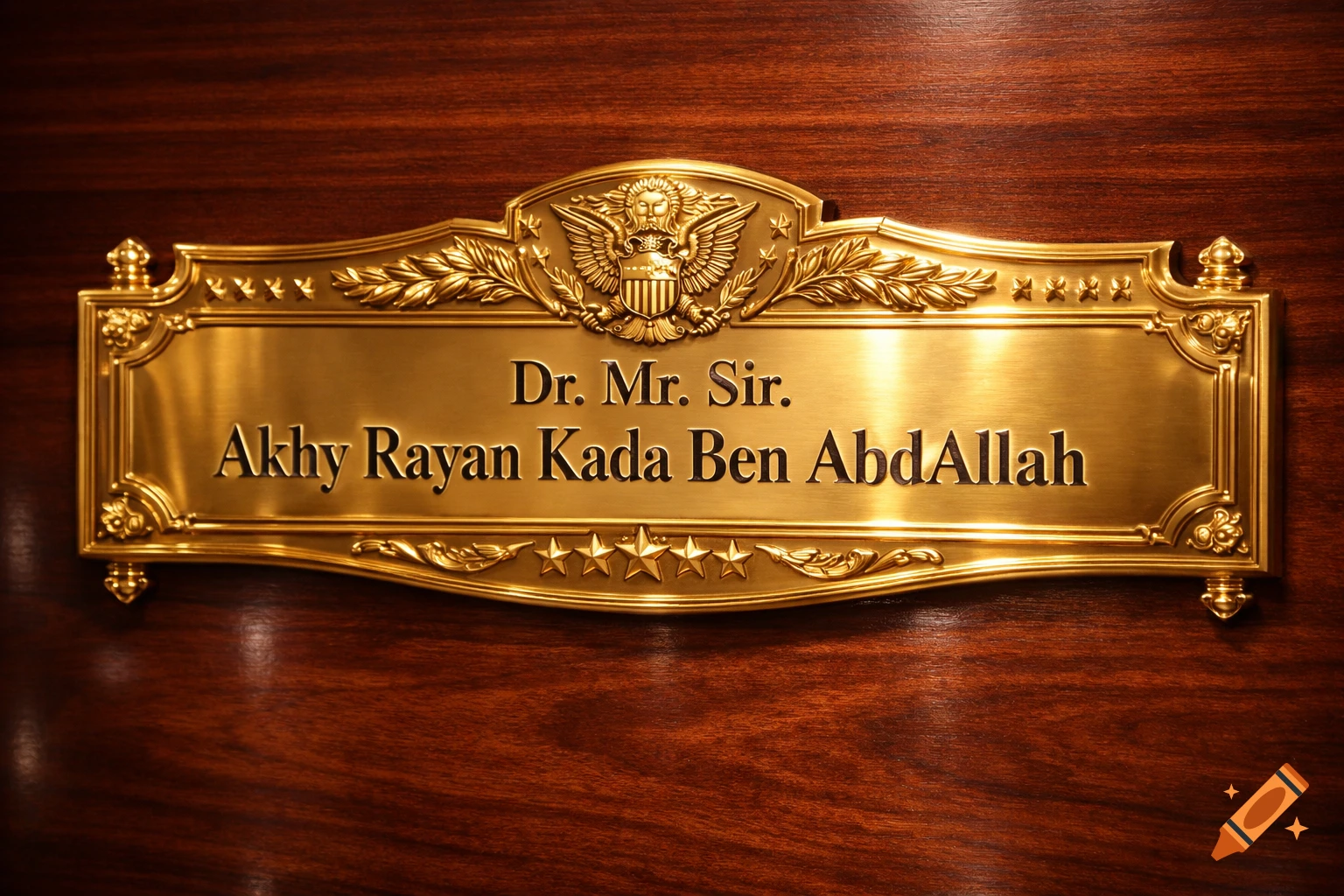 An ornate golden presidential-style plaque with an eagle emblem on a dark wooden background, displaying the name "Dr. Mr. Sir. Akhy Rayan Kada Ben AbdAllah".