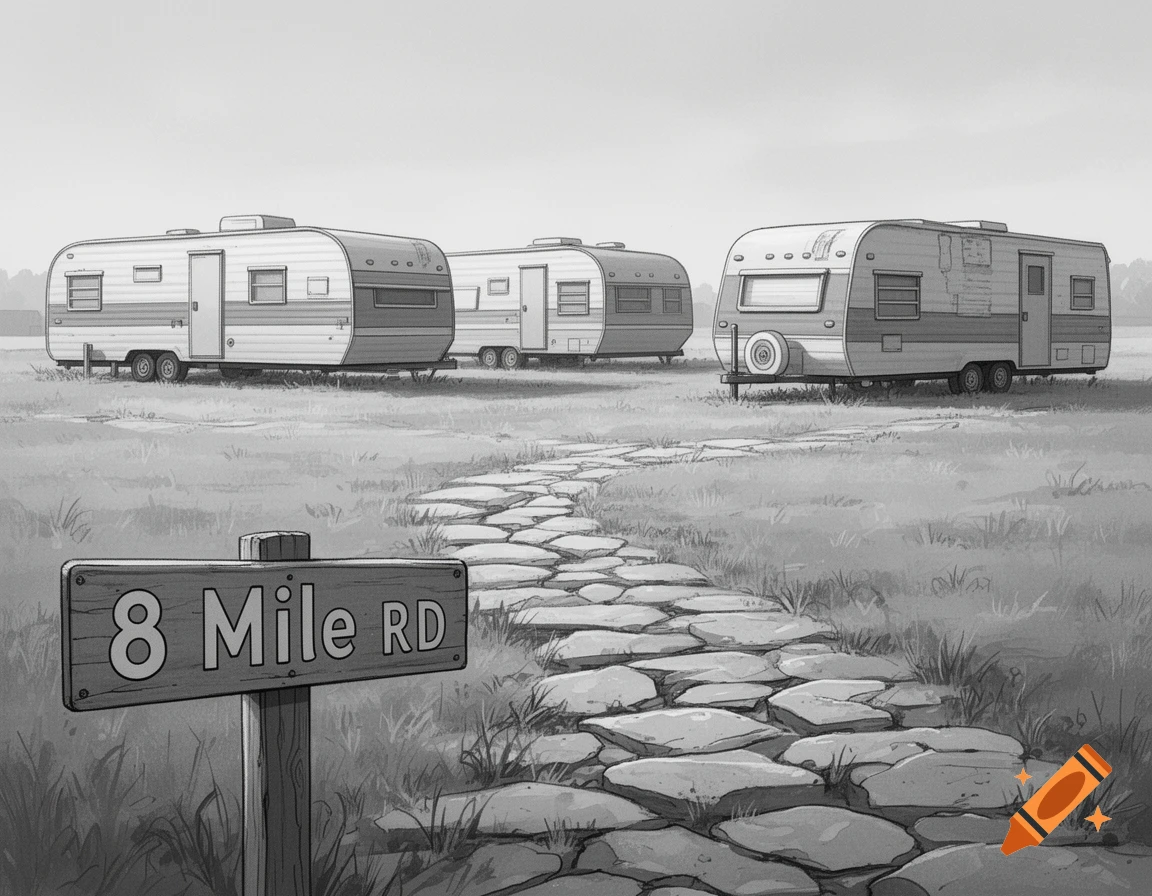 A monochromatic drawing of a trailer park with three caravans and a stone path leading to a sign that reads '8 Mile RD'.