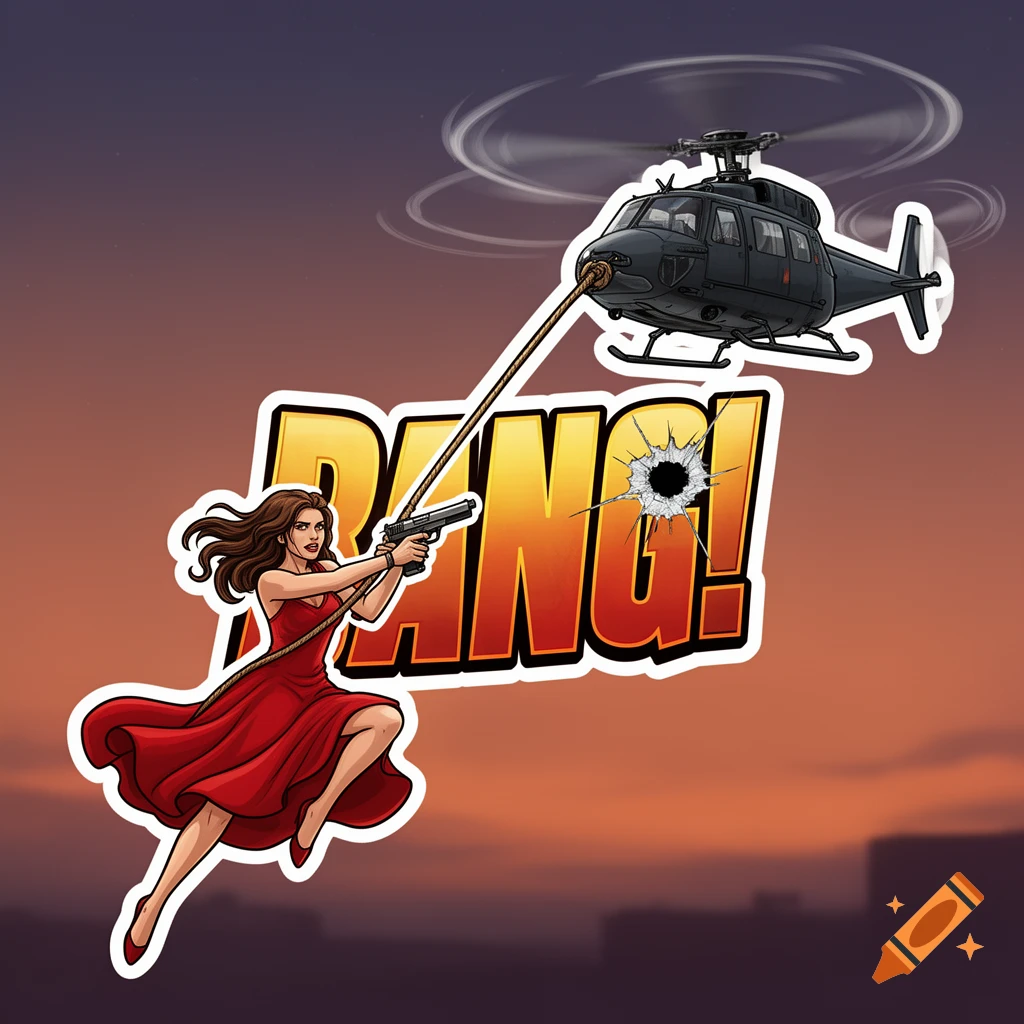 A comic art sticker of a woman in a red dress swinging from a helicopter, pointing a gun at a 'BANG!' logo with a bullet hole.