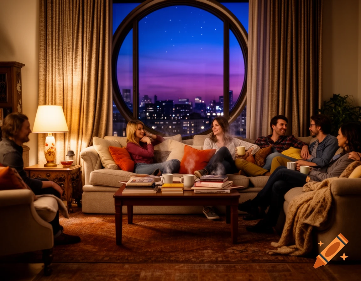 A group of friends relaxing in a cozy living room at evening, with a large circular window overlooking a city skyline.
