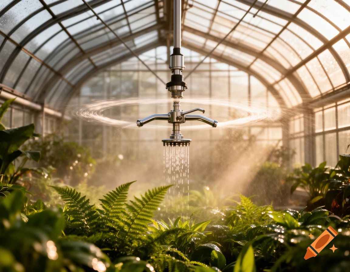 A close-up, photorealistic view of an automated sprinkler system watering lush green plants inside a sunlit greenhouse.