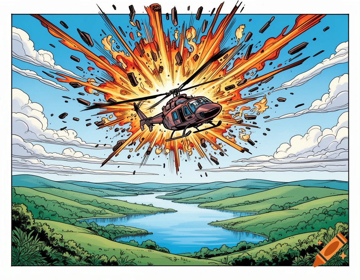 Exploding Helicopter A comic-style illustration of a helicopter exploding mid-air over a ...