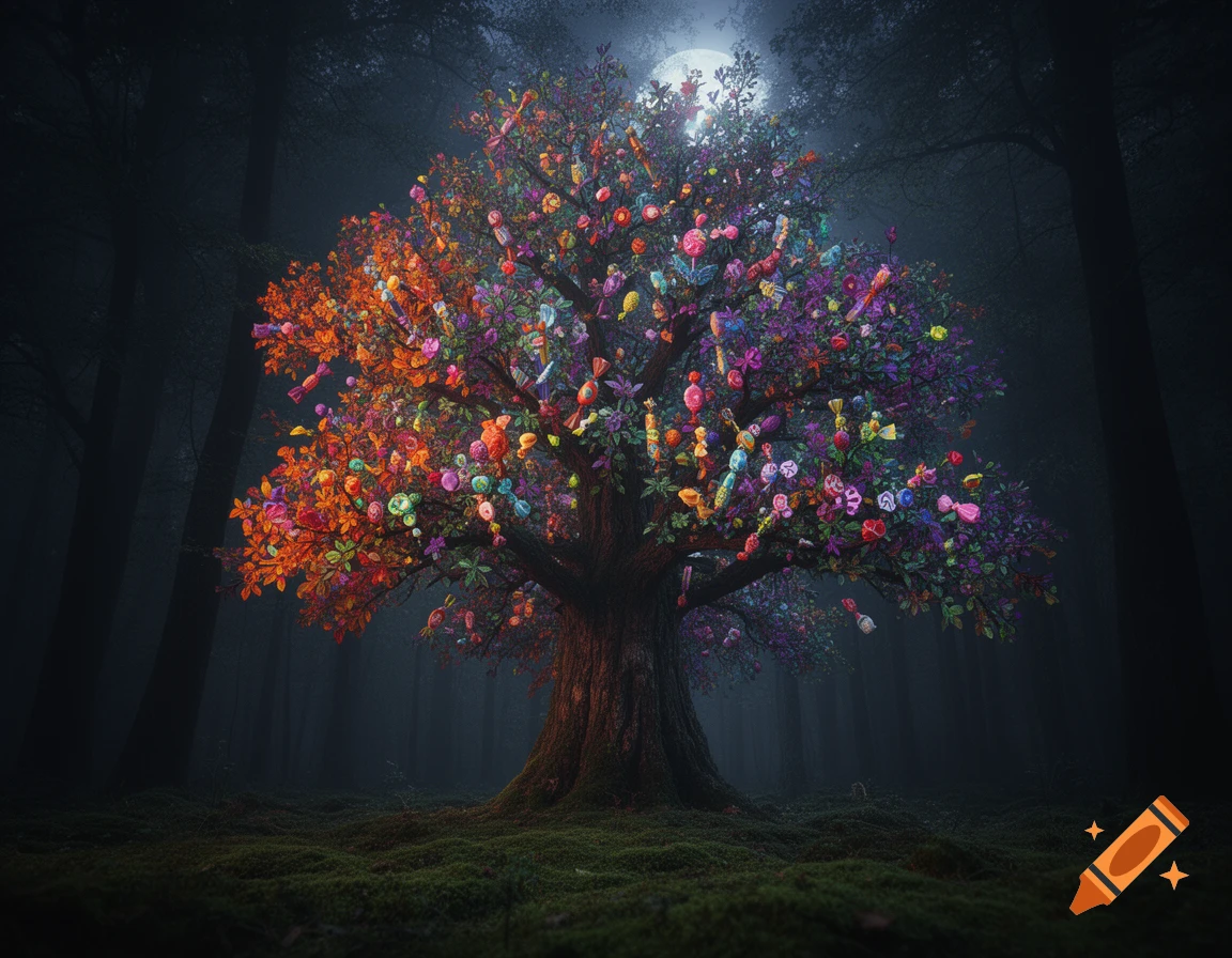 A vibrant, colorful tree adorned with various candies stands prominently in a dark, mystical forest under a glowing full moon.
