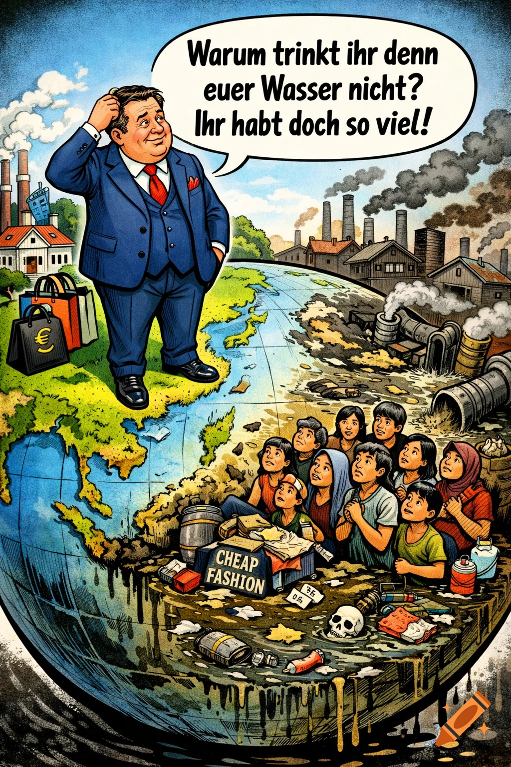 A political caricature showing a large, well-dressed man on one side of a globe, looking at impoverished people and polluted water on the other, with factories in the background. He asks, "Why don't you drink your water? You have so much!" A bag labeled "CHEAP FASHION" sits in the polluted water.