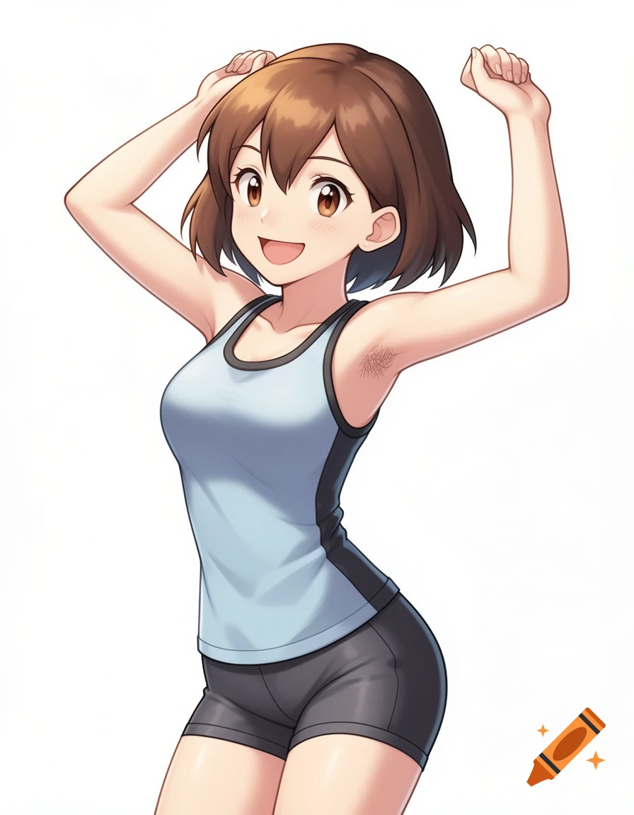 Anime-style female with short brown hair, wearing a sporty tank top and shorts, standing cheerfully with arms raised.