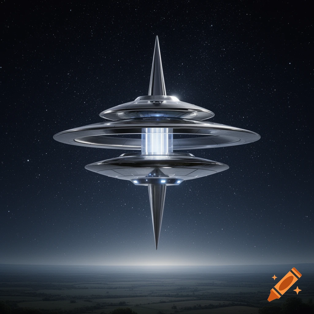 A photorealistic metallic, multi-layered spacecraft with a glowing blue core and pointed ends, above a dark landscape under a starry sky.
