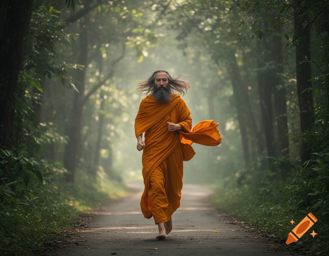 A long-haired, bearded man in an orange monk's robe runs barefoot down a misty, tree-lined path in a forest.