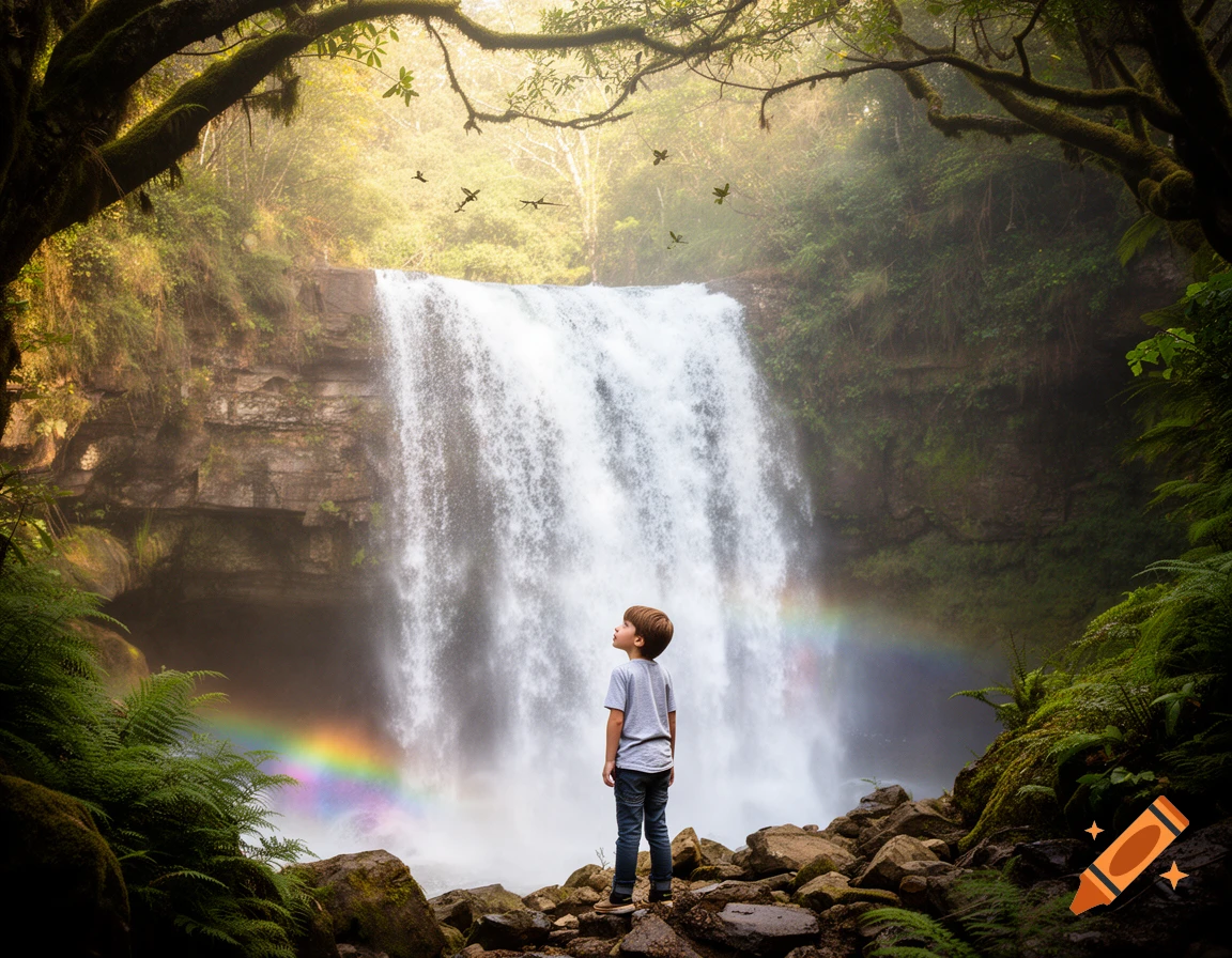 A brown-haired boy stands on rocks, gazing up at a majestic waterfall with a rainbow in a lush jungle.