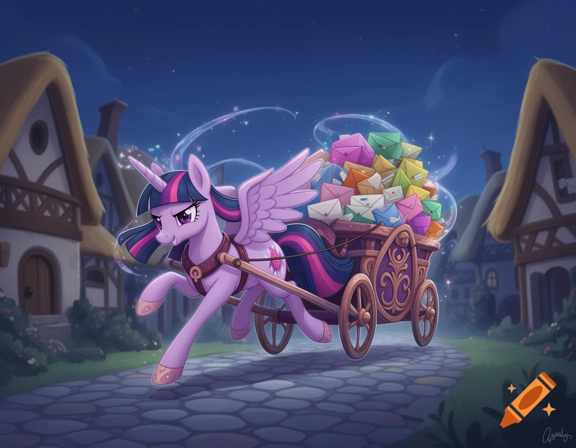 Twilight Sparkle, a purple winged unicorn, rushes through Ponyville at night, pulling a cart overflowing with colorful mail on a cobblestone road.