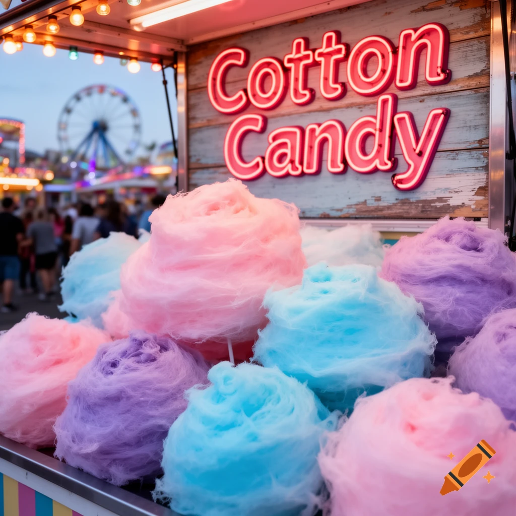A close-up shot of colorful cotton candy in pink, purple, and blue at a carnival stall with a neon "Cotton Candy" sign above. A Ferris wheel and blurred crowd are in the background.