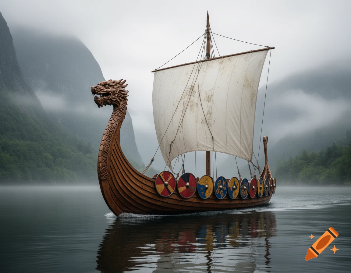 A detailed Viking longship with a dragon head prow sails on misty water between mountains.