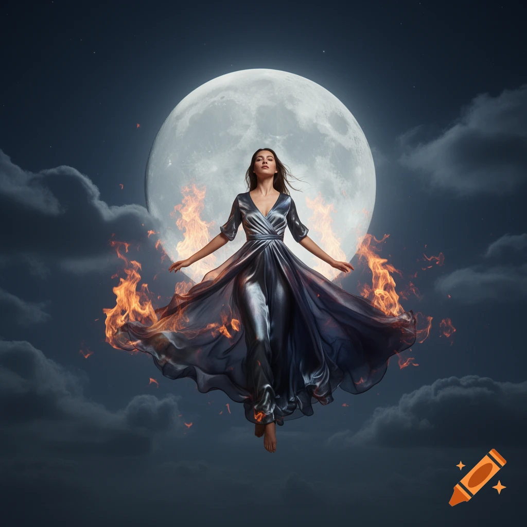 A woman in a flowing metallic dress floats with outstretched arms against a large full moon in a dark, cloudy sky, surrounded by vibrant flames.
