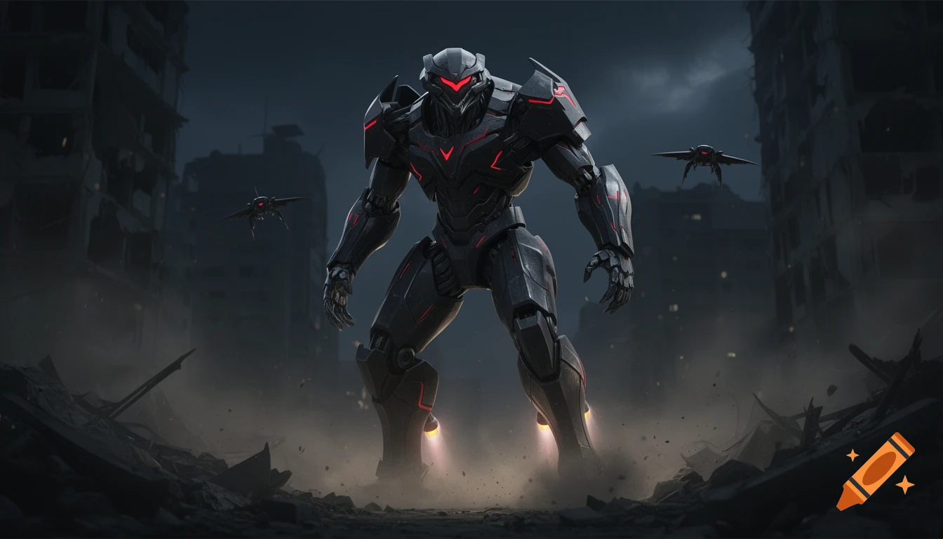 A photorealistic, matte black and gunmetal grey mech with glowing red accents stands in a ruined city at night, with two small drones hovering. Smoke and debris swirl around its feet.