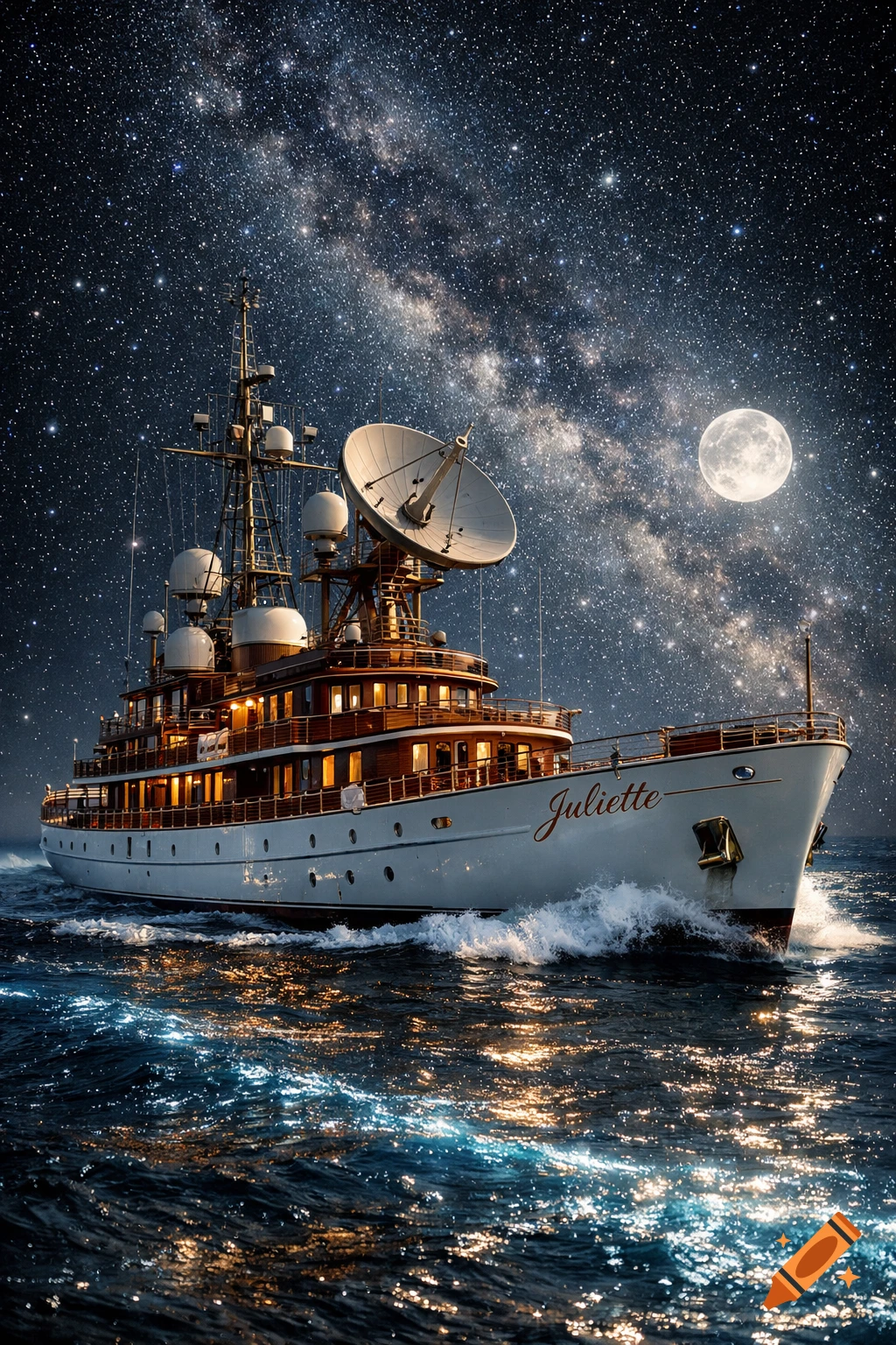 A classic luxury motor yacht named 'Juliette' cruises a shimmering ocean under a starry night sky with a full moon, photorealistic.