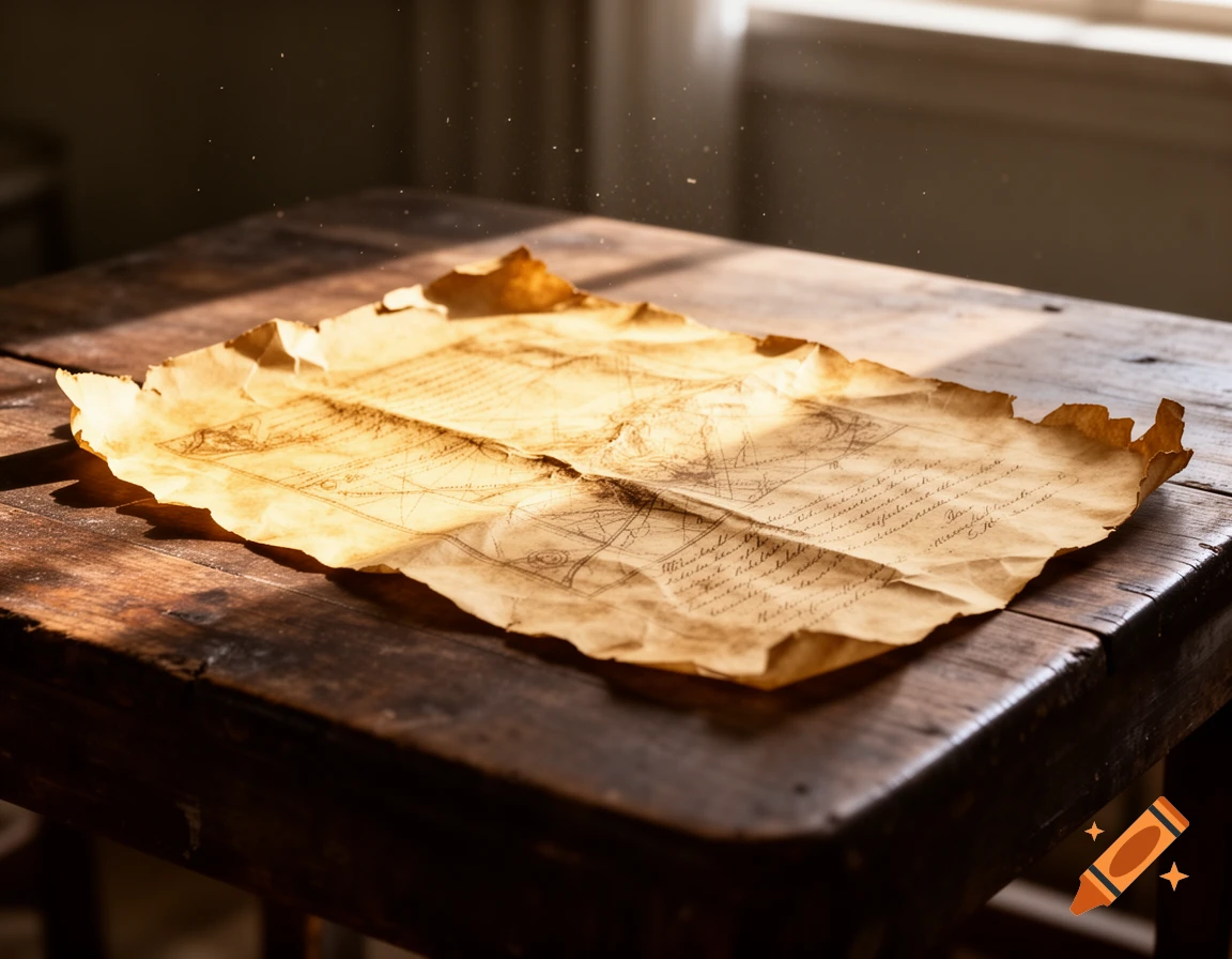 A crumpled, aged piece of parchment with illegible script and diagrams rests on a rustic wooden table, illuminated by sunlight.