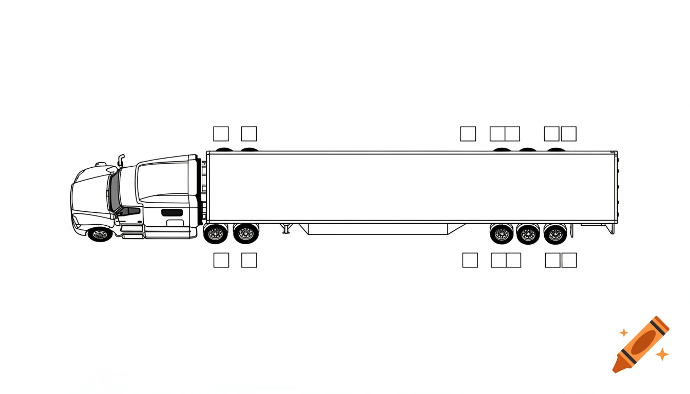 Top-down black and white line diagram of a semi-truck and trailer ...