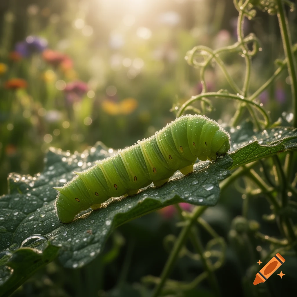 A vibrant green caterpillar covered in dew drops rests on a leaf, bathed in sunlight in a garden.