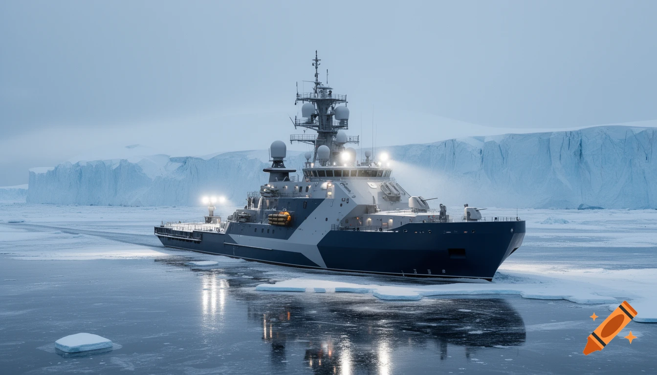 A large, modern blue and grey military icebreaker ship with lights on, breaking through icy water in an arctic landscape with icebergs.