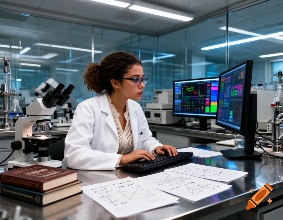 A female physics researcher in a lab coat works at a desk with two monitors displaying graphs, a microscope, books, and papers with equations.