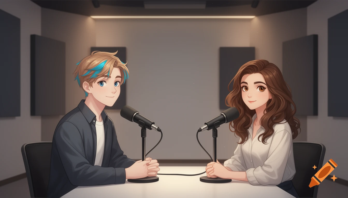 Animated boy and girl with microphones podcasting in a studio, smiling.