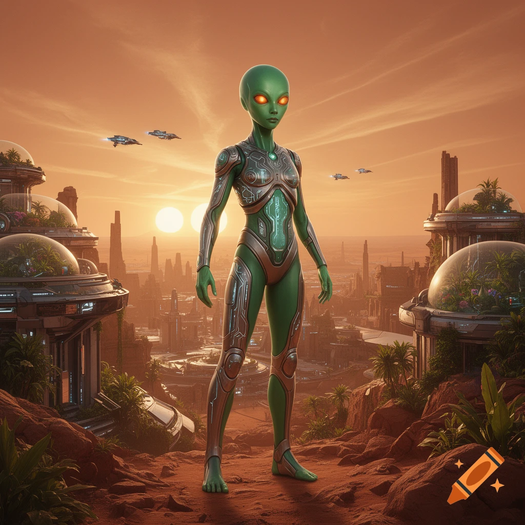 Green alien in a futuristic suit stands on a red rocky landscape, overlooking a sprawling futuristic city under a sunset sky.