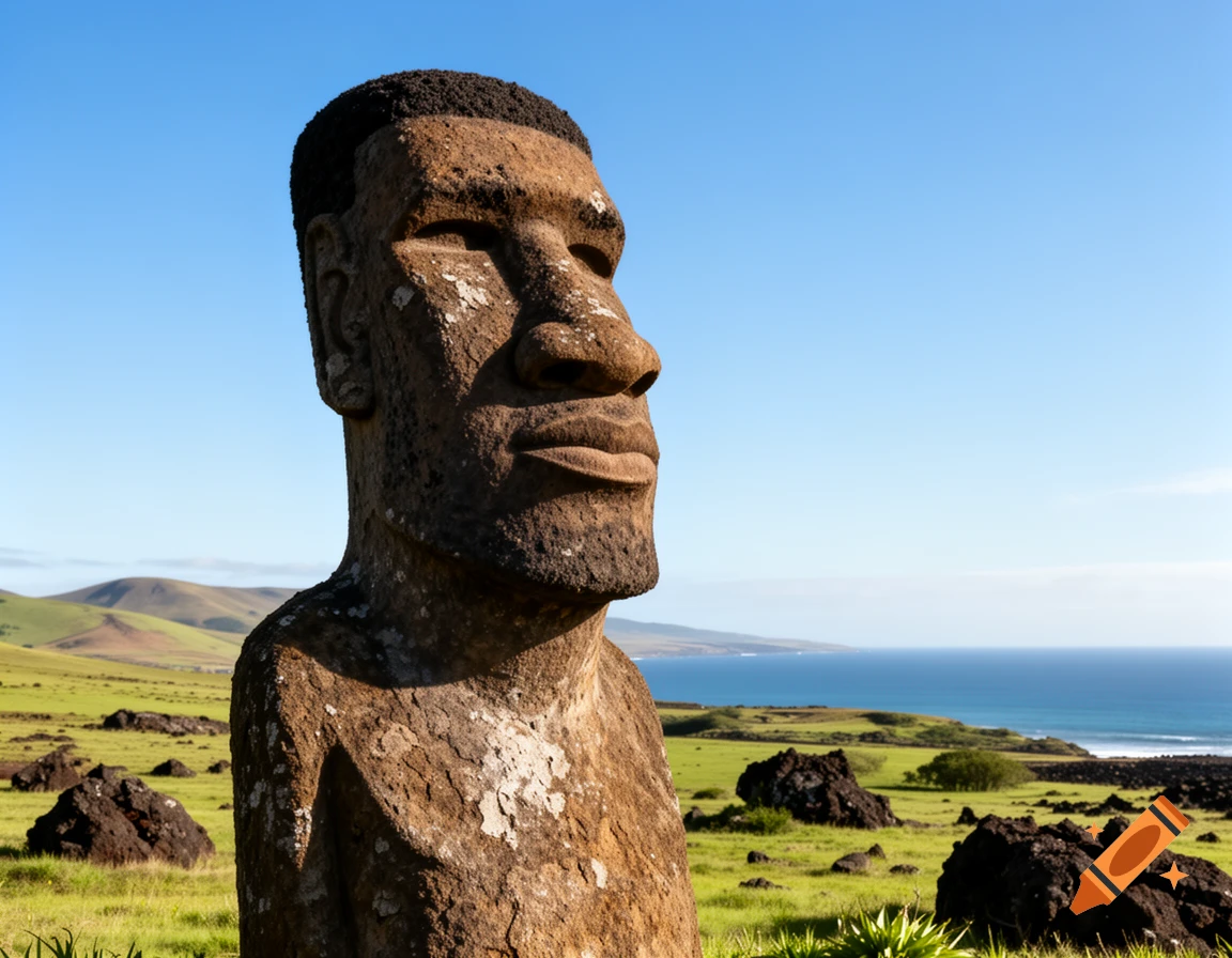 A photorealistic close-up of a dark brown stone statue resembling a person with short textured hair, set against a vibrant blue sky, green hills, and a blue ocean.