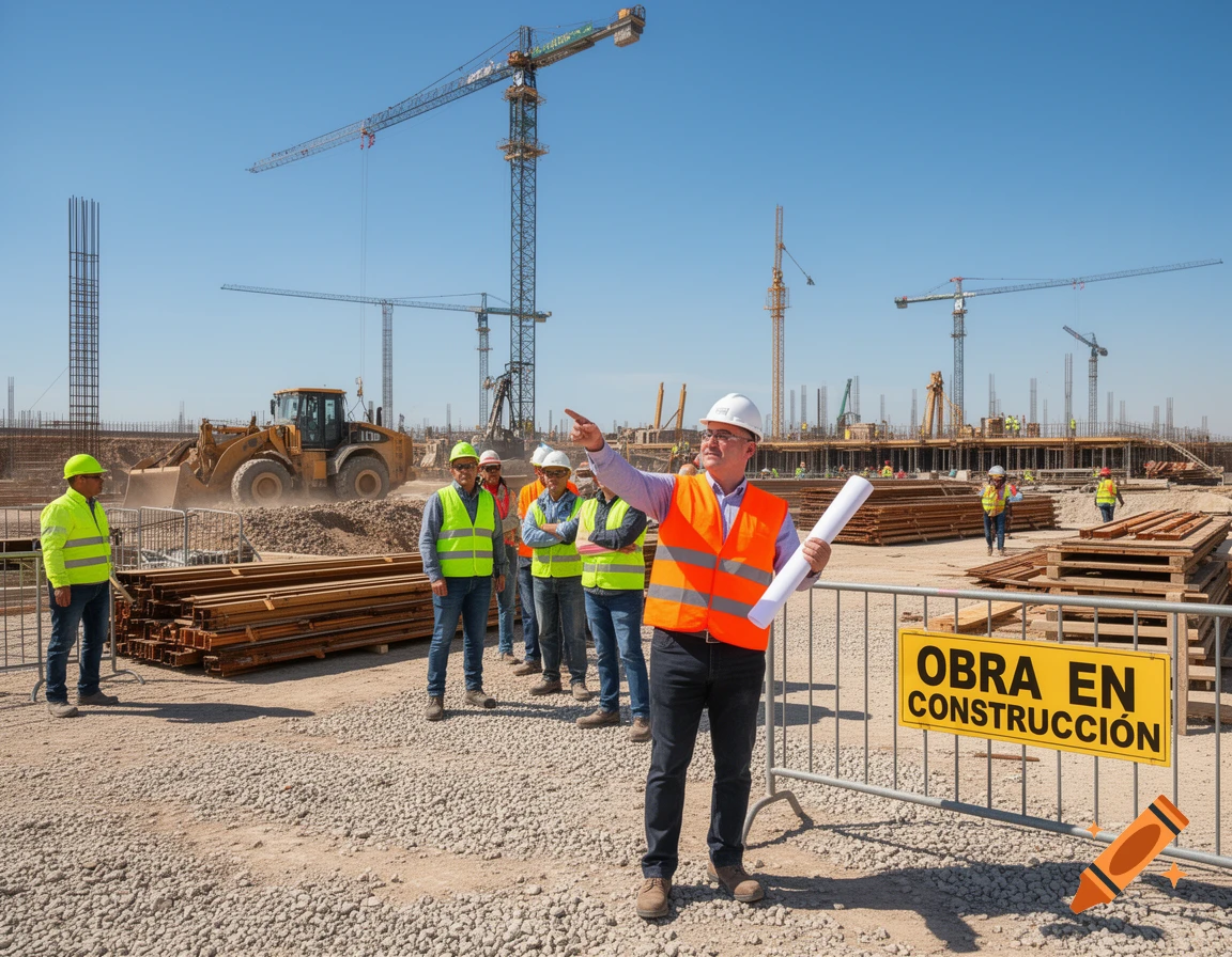 A photorealistic image of construction workers and a manager in an orange vest pointing at a large construction site with multiple cranes under a clear blue sky.