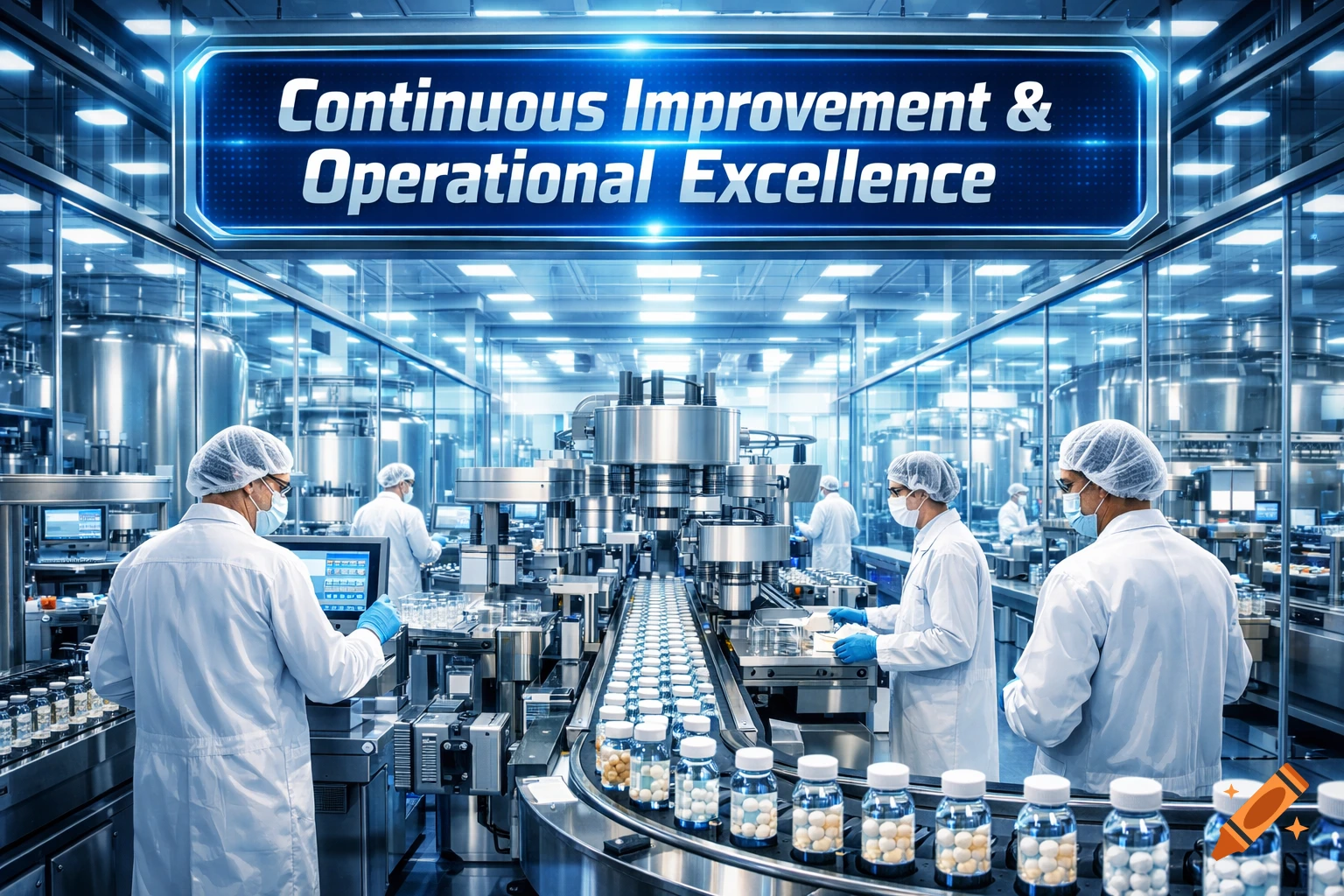 Photorealistic image of workers in a pharmaceutical clean room with a 'Continuous Improvement' sign above a production line.