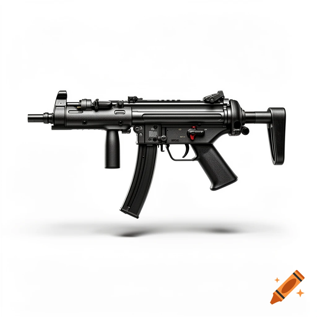 Photorealistic black MP5A5 submachine gun isolated on a white background, viewed from the side.