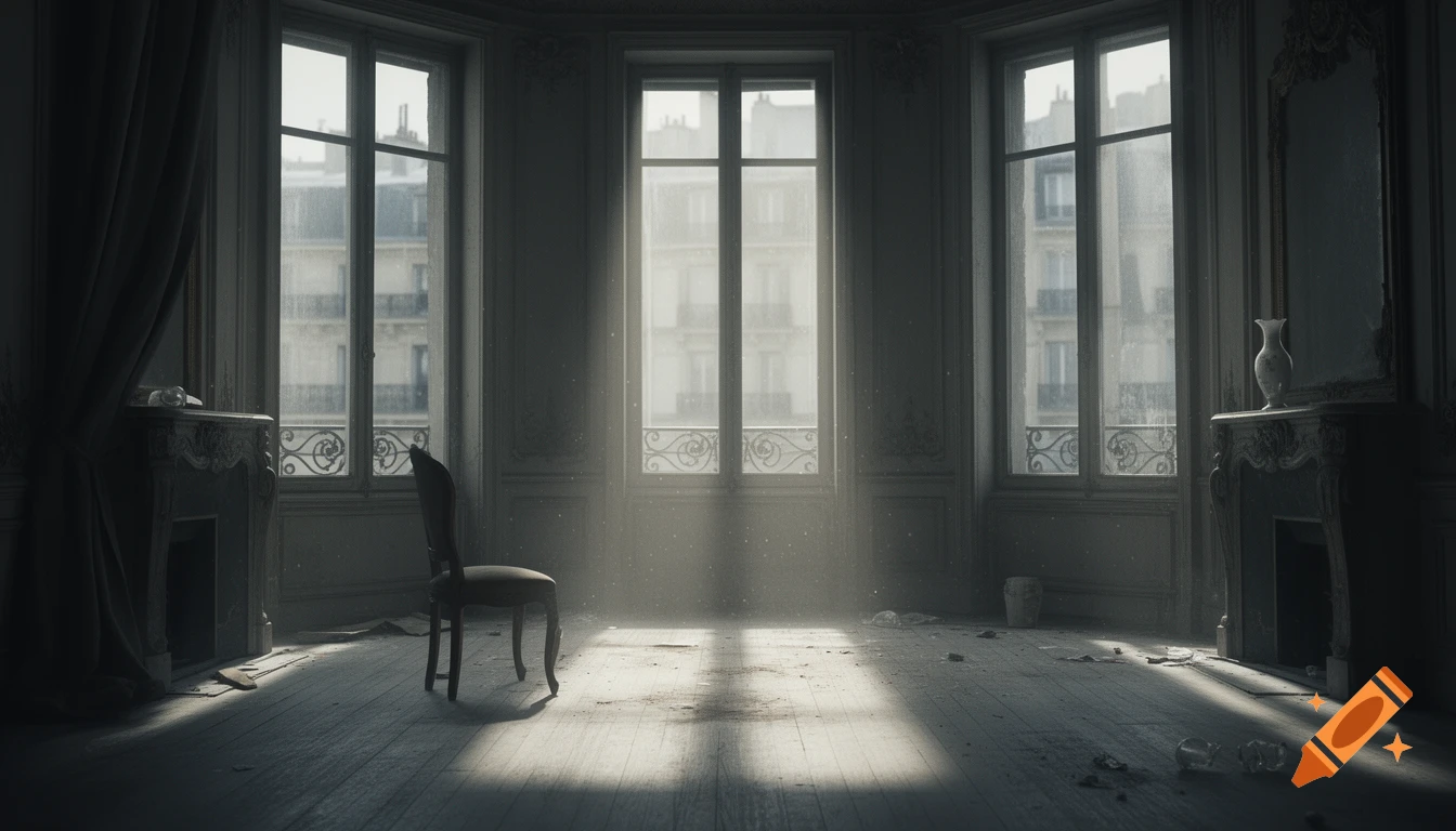 An empty, desolate old Parisian apartment room with tall windows, a single chair, and dust motes in sunlight, creating a tense atmosphere.