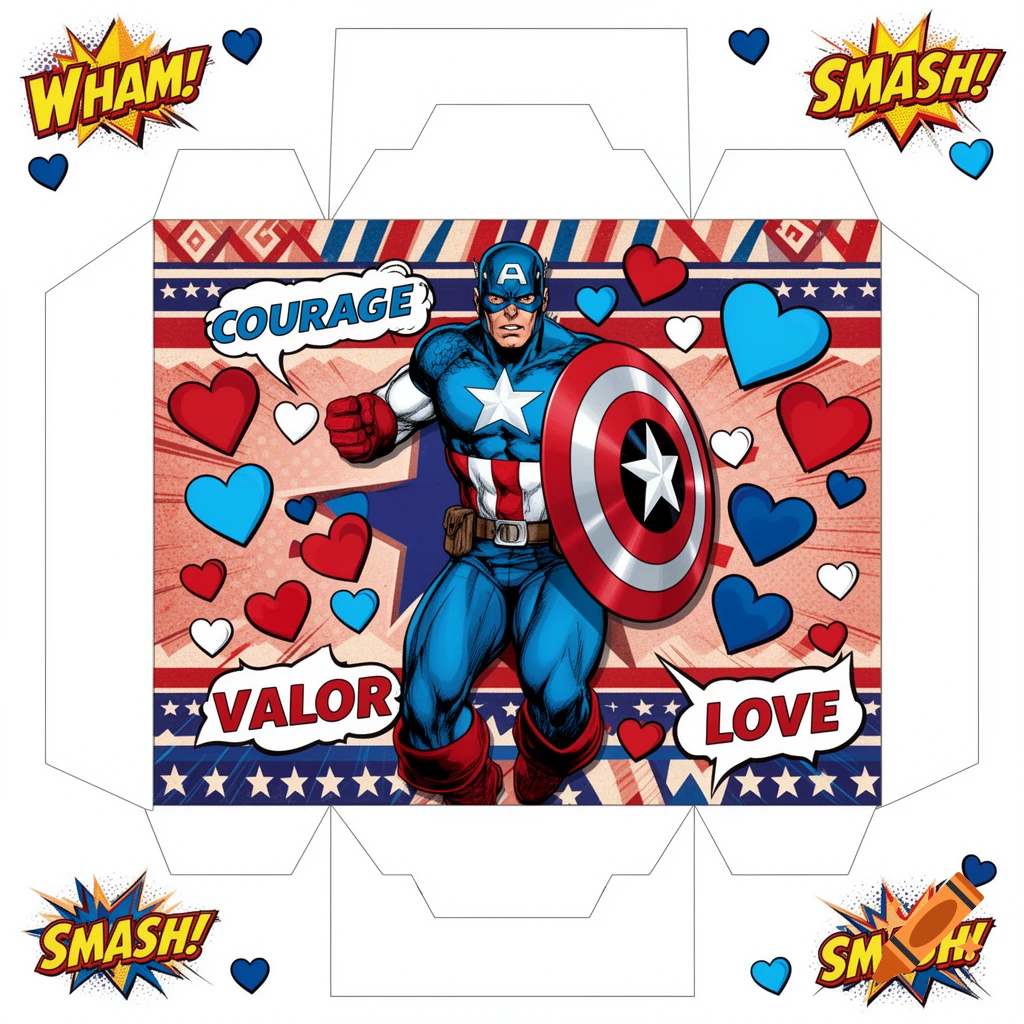 Printable Captain America Valentine's Day shoe box design in comic book style, with hearts and action words.