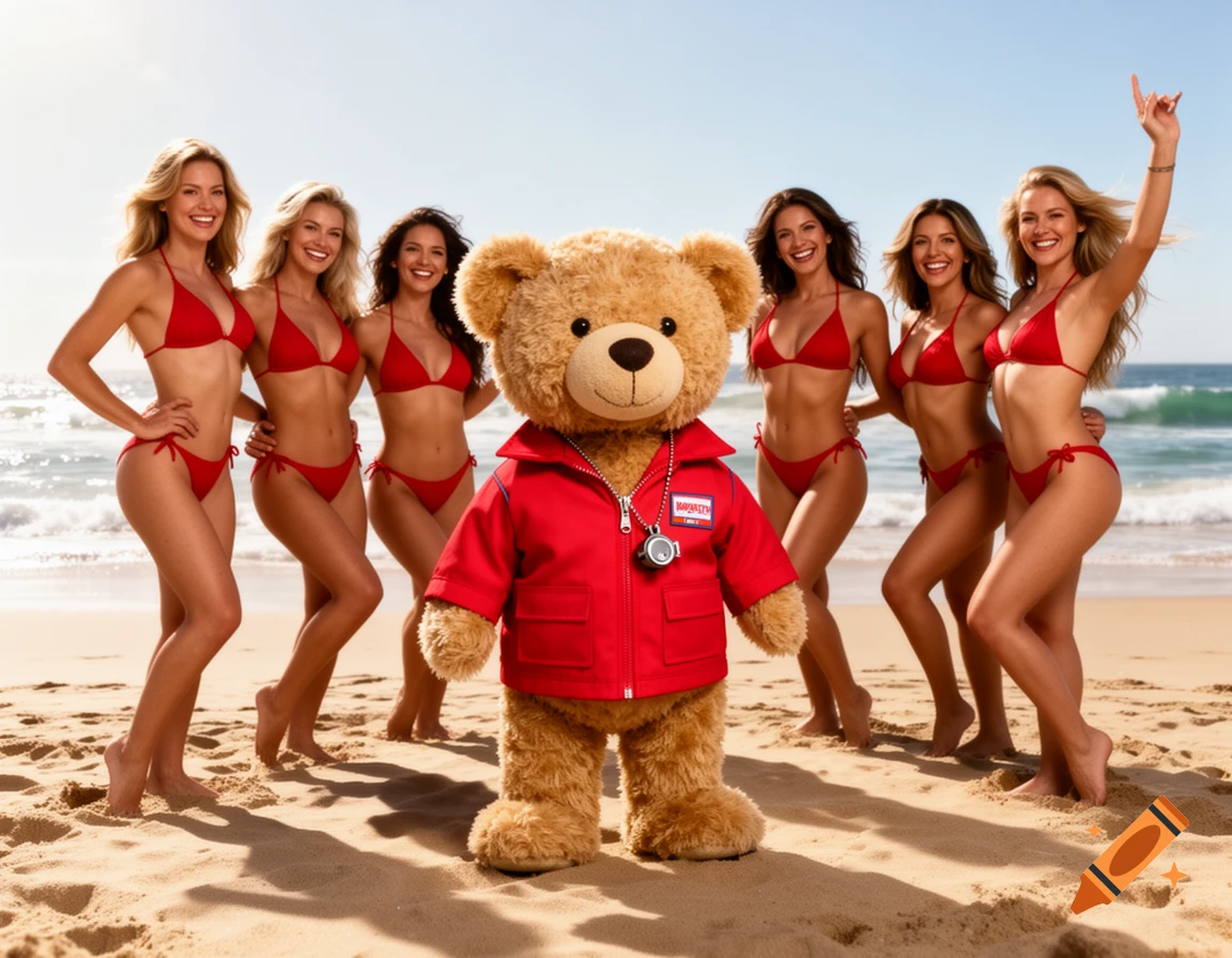 Photorealistic image of a teddy bear in a red uniform on a beach, surrounded by six smiling women in red bikinis with the ocean behind them.