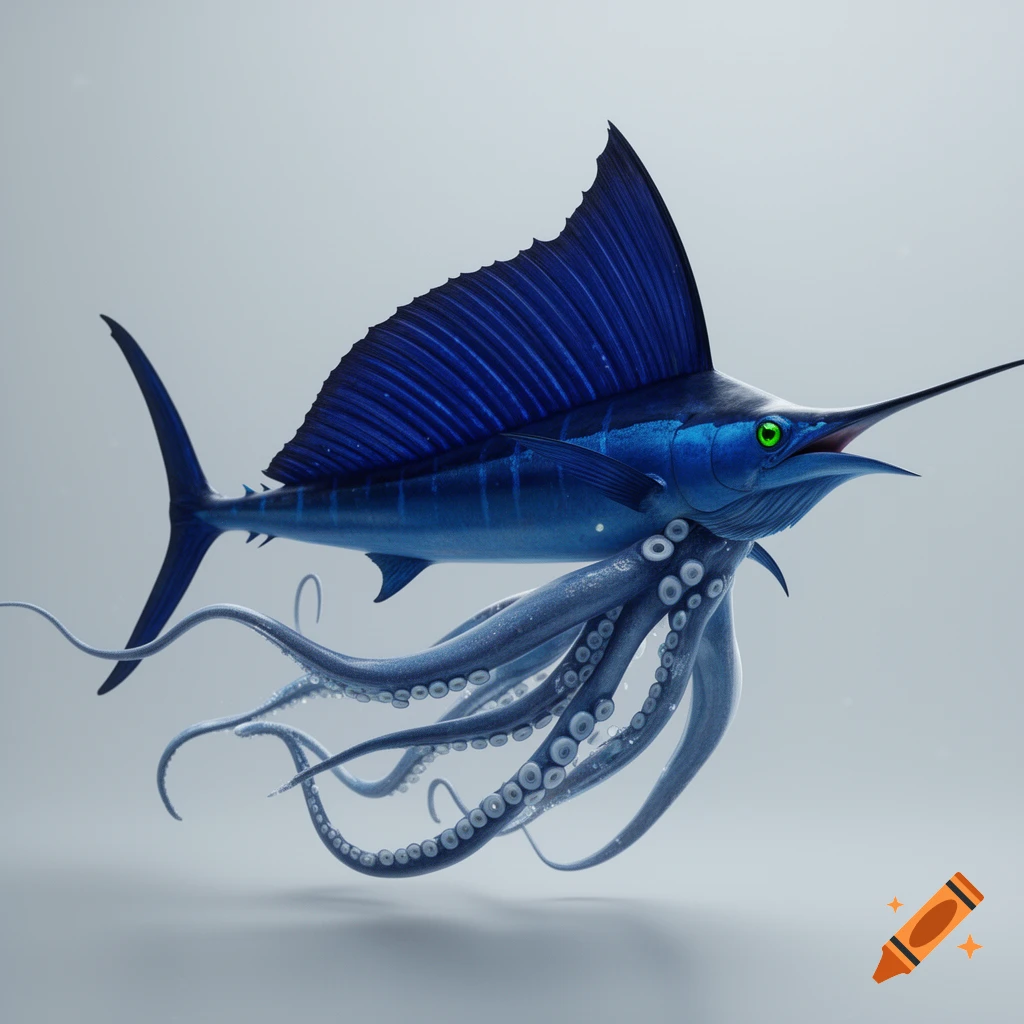 A vibrant blue marlin-octopus hybrid with a deployed dorsal fin, green eyes, and tentacles for a tail, on a light gray background.