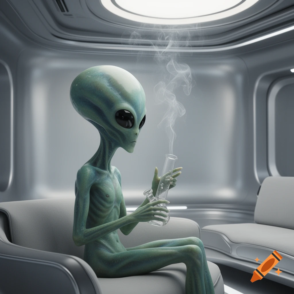 A grey-green alien with large black eyes sits on a futuristic couch, holding a glass bong with smoke rising from it.
