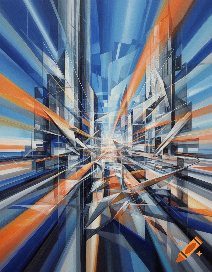 A geometric, deconstructivist painting of an abstract cityscape with converging lines and fragmented structures in blue, orange, and grey.
