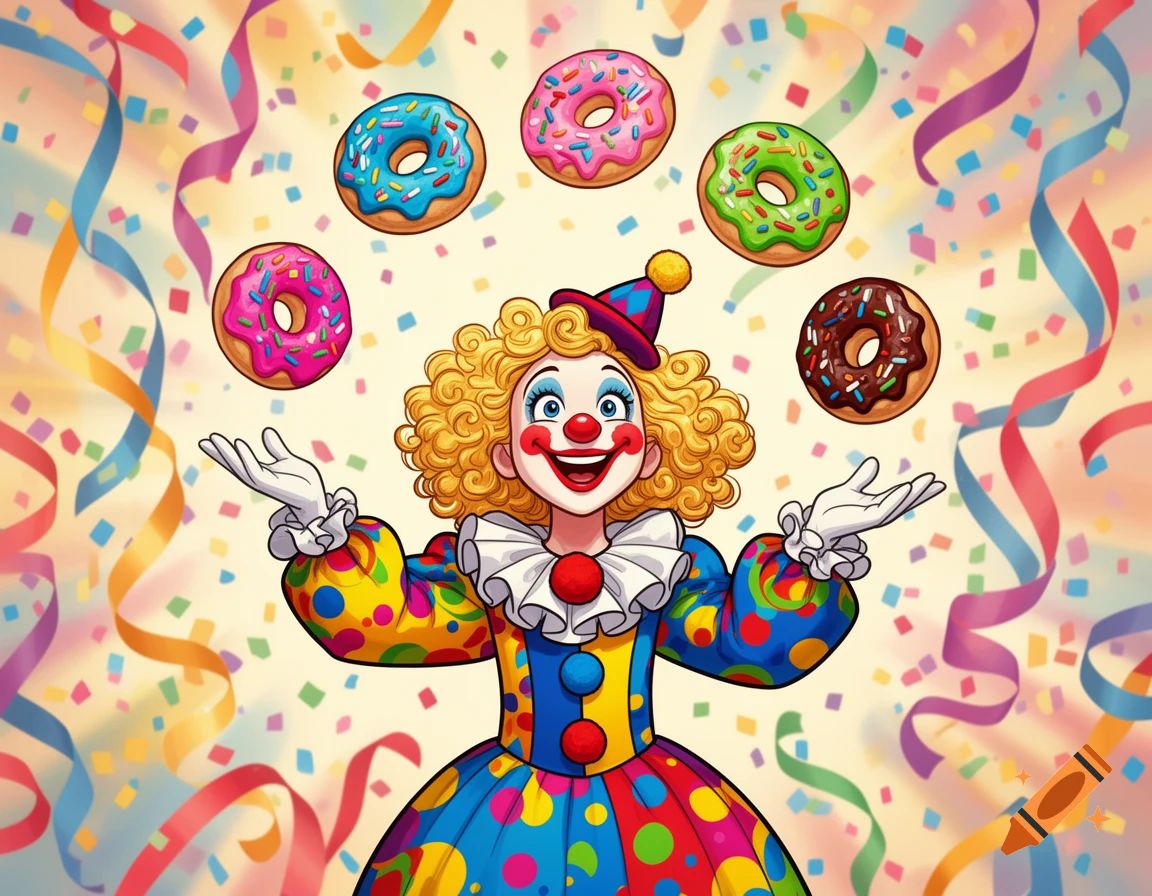A smiling cartoon clown with blonde curly hair juggles colorful donuts amidst falling confetti and streamers.