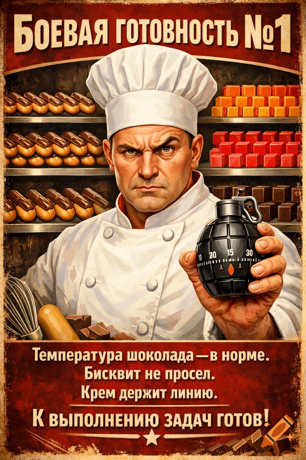 Propaganda-style illustration of a stern chef in a toque holding a grenade-shaped timer, surrounded by pastries, with Russian text.