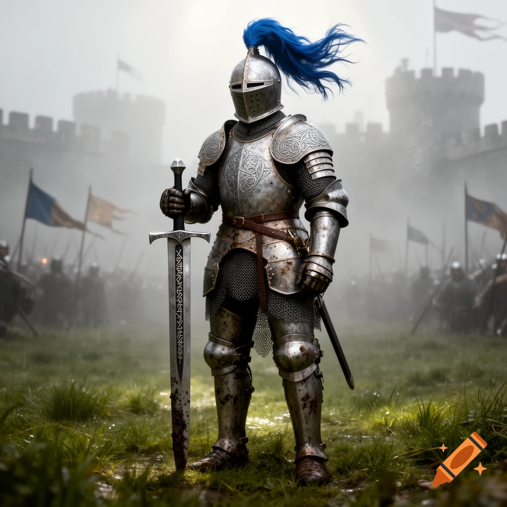 A fully armored knight with a blue plume stands holding a sword in a misty battlefield before a castle.