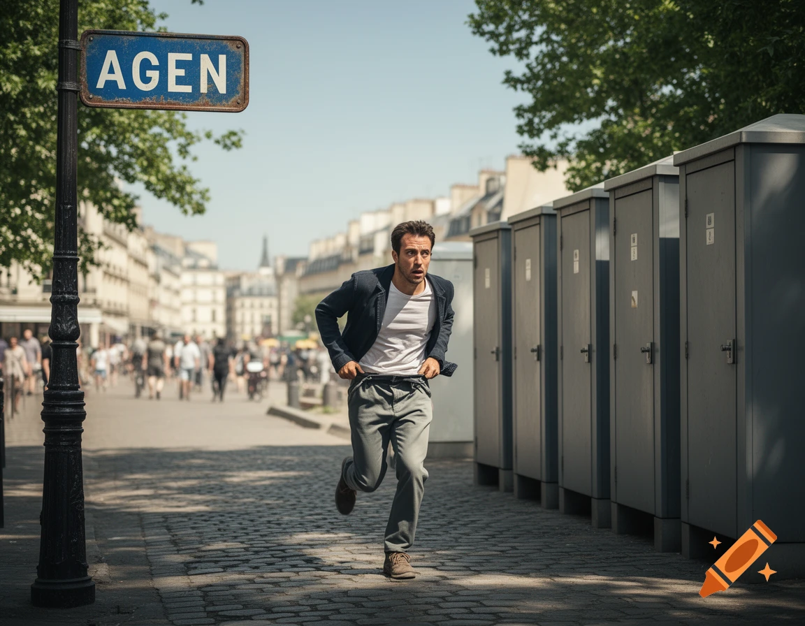 A man runs down a cobblestone urban street past public toilets with a sign reading 'AGEN'.