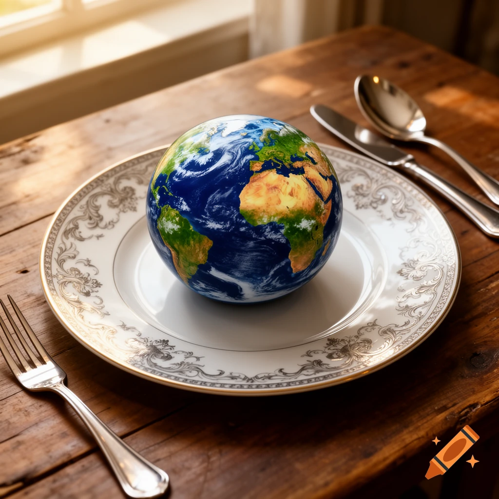 A small globe of the Earth on an ornate white plate, with a fork and knife on a rustic wooden table.