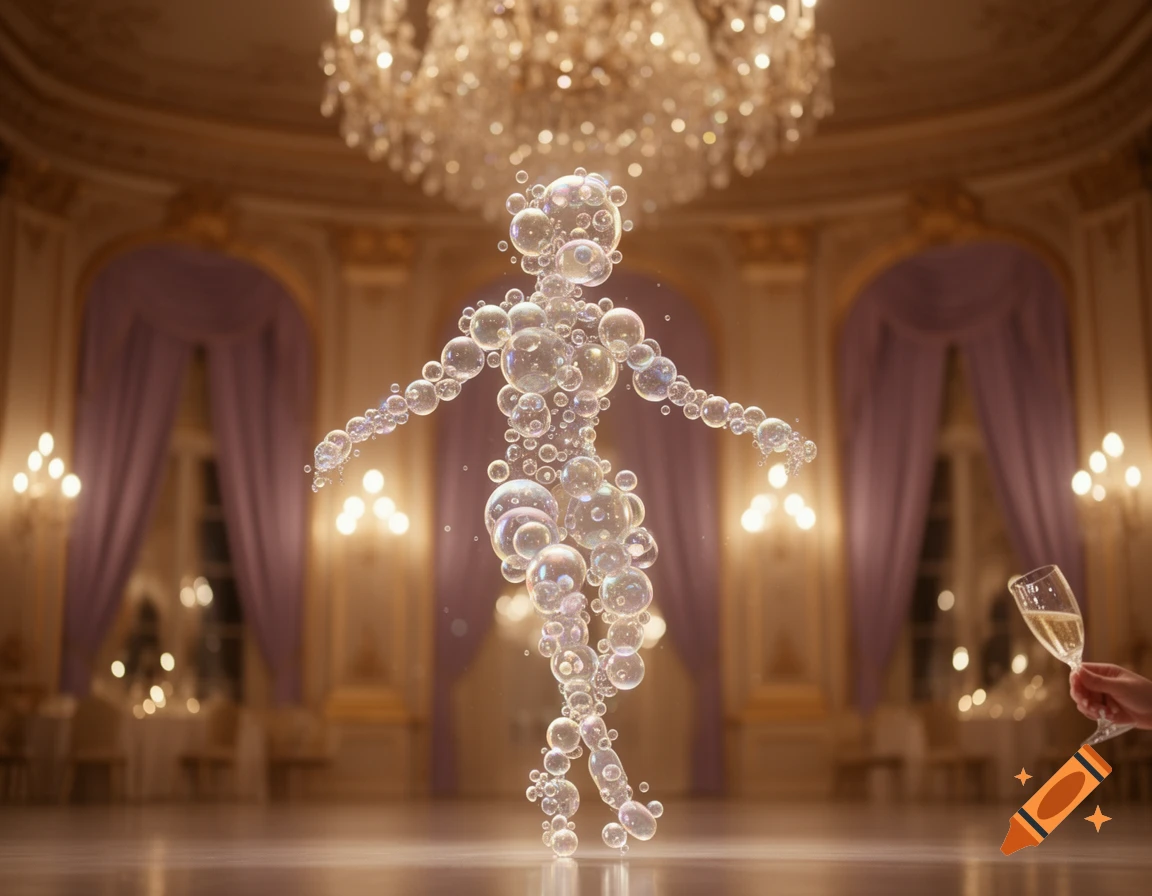 A humanoid figure composed of shimmering bubbles stands in a grand, ornate ballroom with a hand holding a champagne glass.