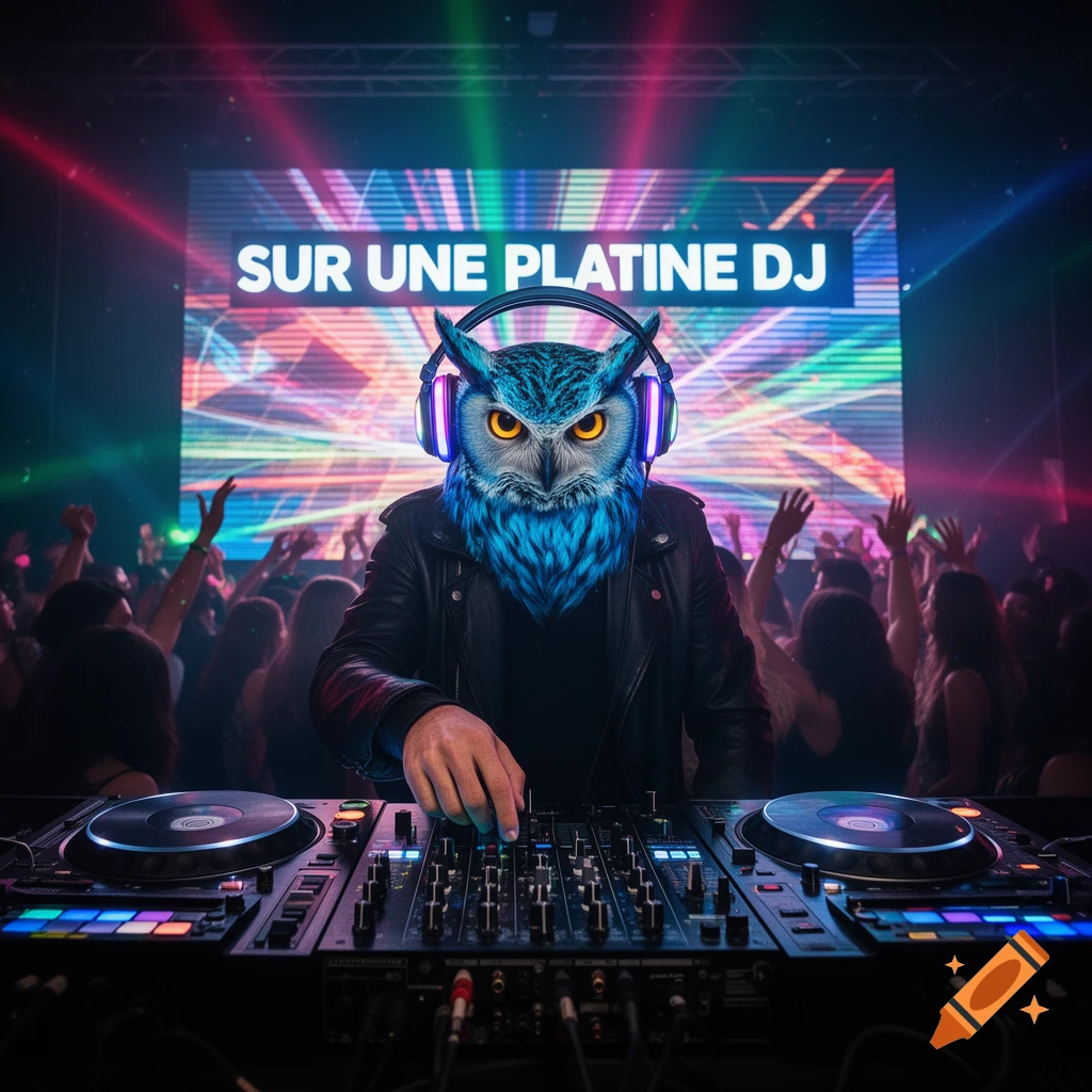 An anthropomorphic blue owl DJ with headphones mixes music on turntables in a vibrant nightclub with a crowd and a screen displaying 'SUR UNE PLATINE DJ'.