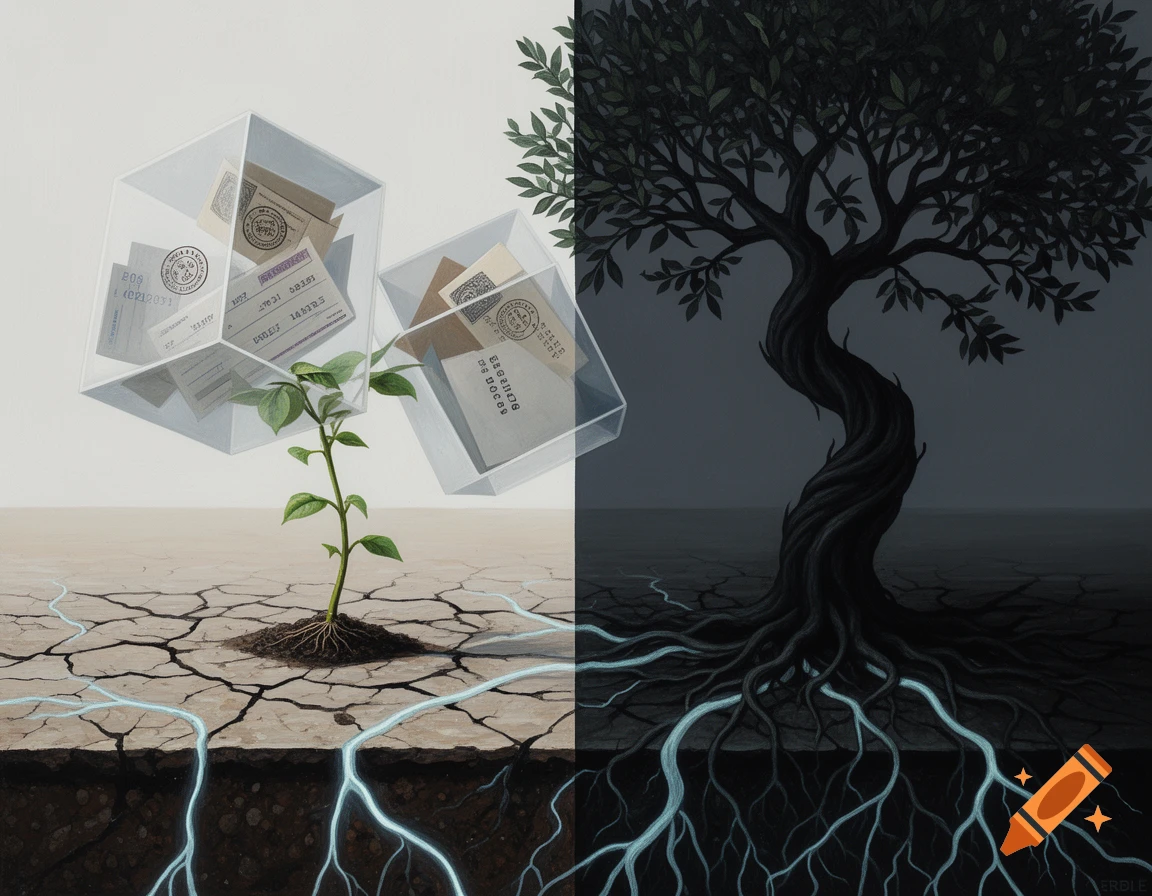 A conceptual split image showing a fragile green plant weighed down by transparent cubes filled with garbled bureaucratic papers on cracked earth, contrasted with a dark, gnarled tree with glowing roots thriving in dark soil.