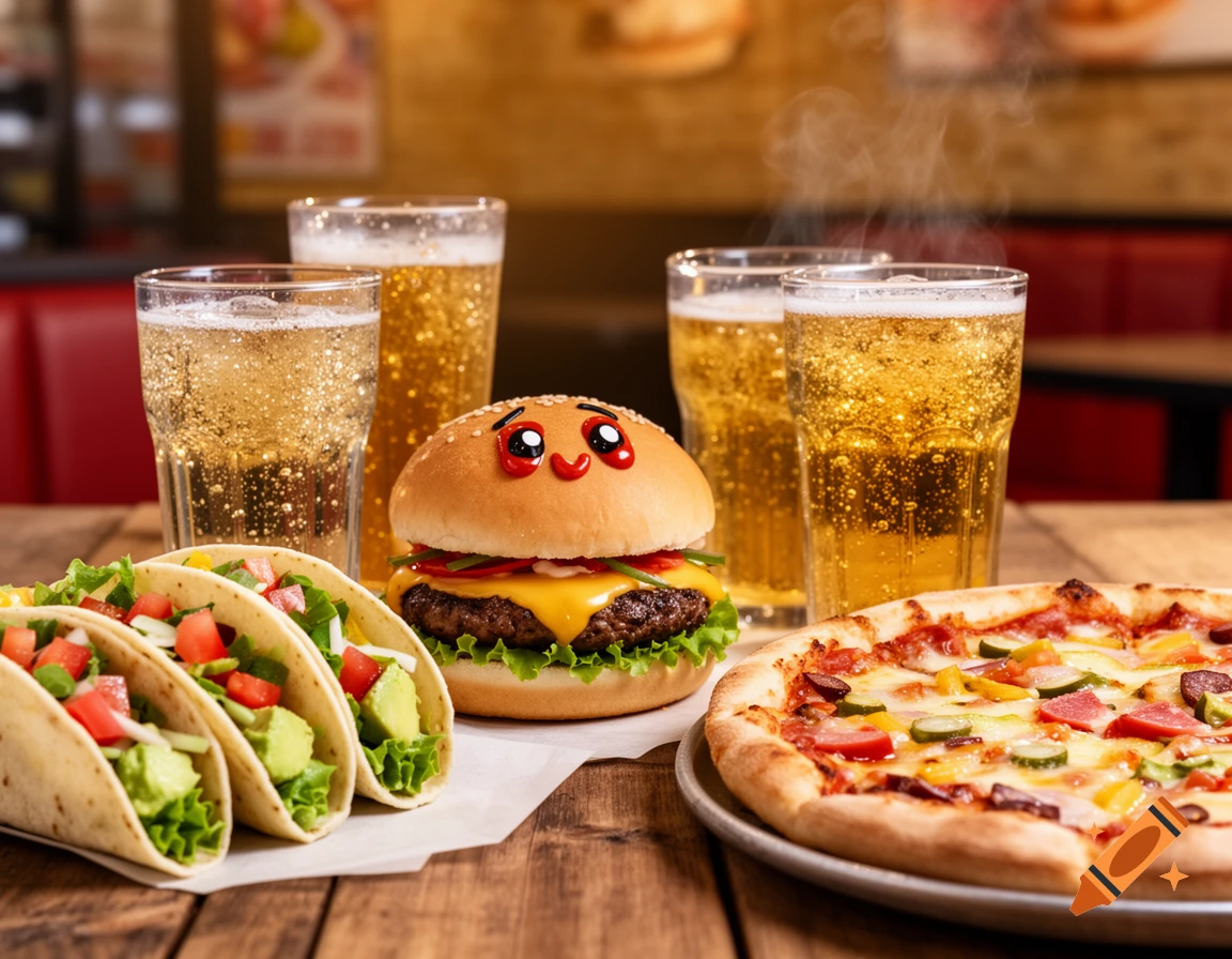 A table with tacos, a burger with a kawaii face, pizza, and four glasses of beer in a restaurant.