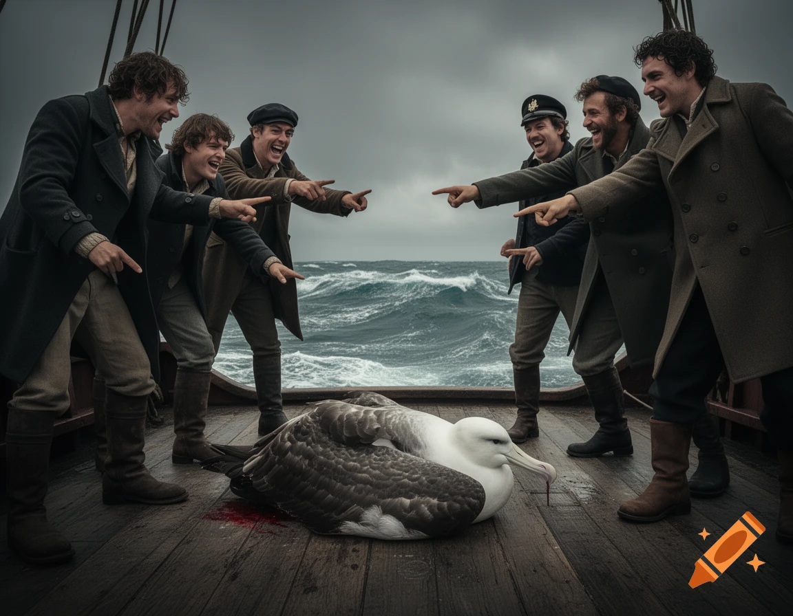 Photorealistic image of laughing sailors pointing at a wounded albatross on a ship's deck during a storm.