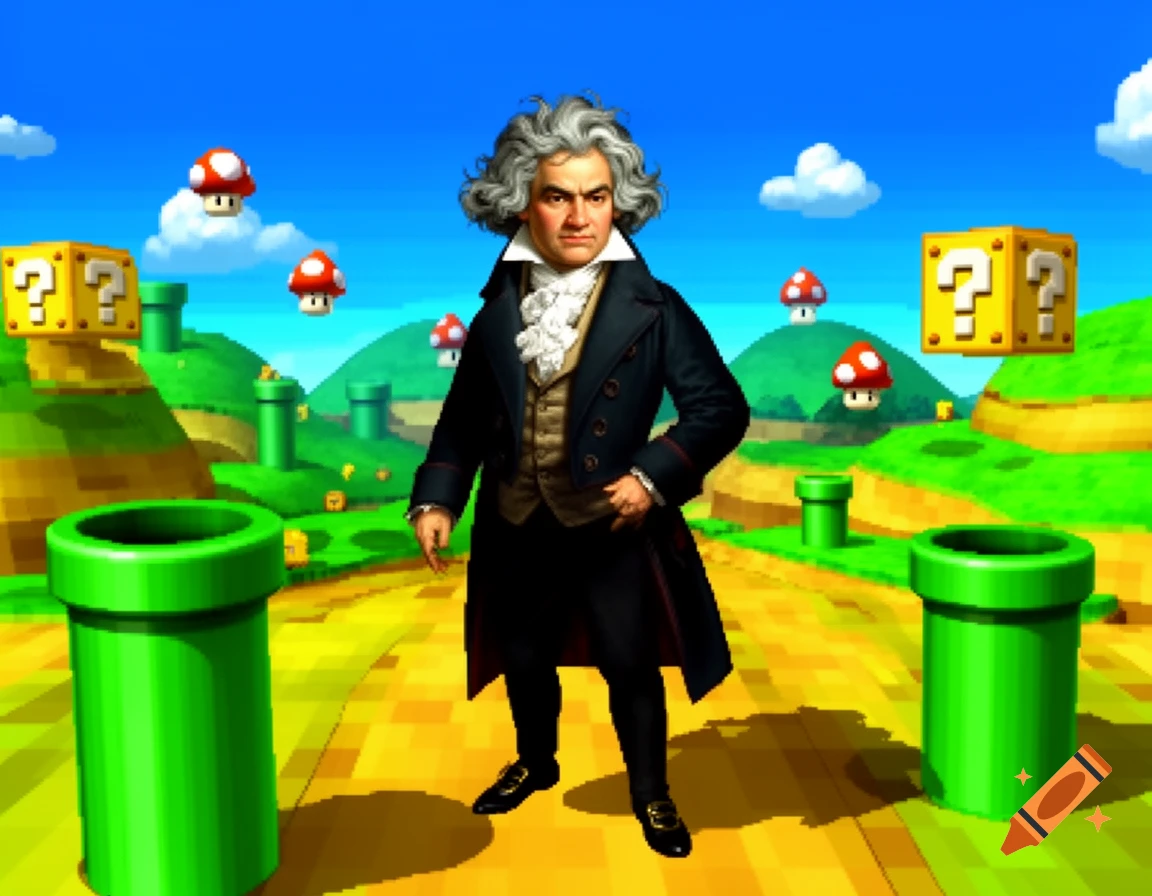 Ludwig van Beethoven stands in a bright Super Mario 64 landscape with green pipes, red mushrooms, and question blocks.