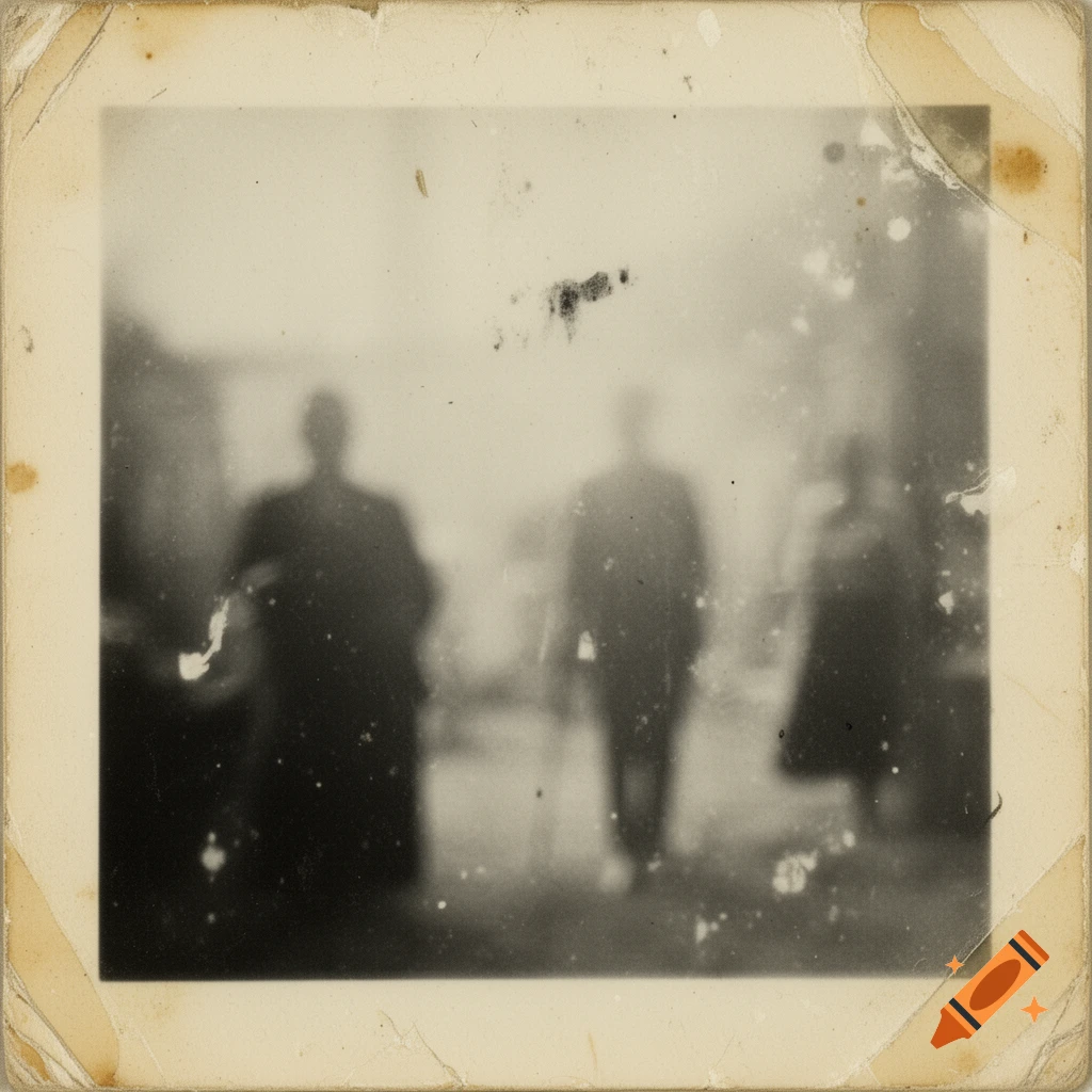 A heavily degraded, black and white vintage photograph showing three extremely blurry, silhouetted figures with a faded, scratched, and stained appearance.